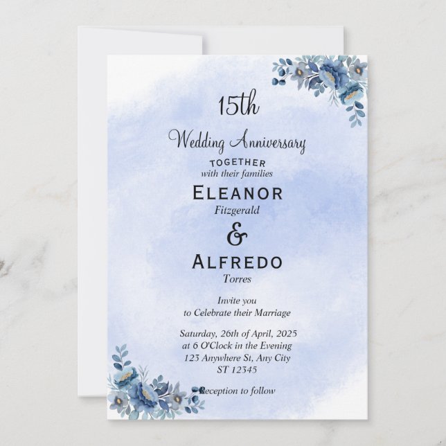 Chic Blue Floral Wedding Anniversary Invitations (Front)