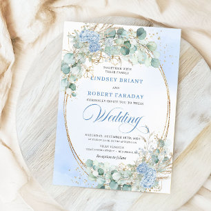 Chic Blue Floral Wheat Gold Oval Wedding Invite