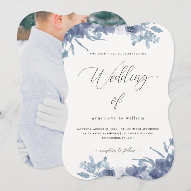 Chic Blue Floral with Calligraphy Photo Wedding Invitation (Front/Back)