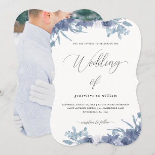 Chic Blue Floral with Calligraphy Photo Wedding Invitation
