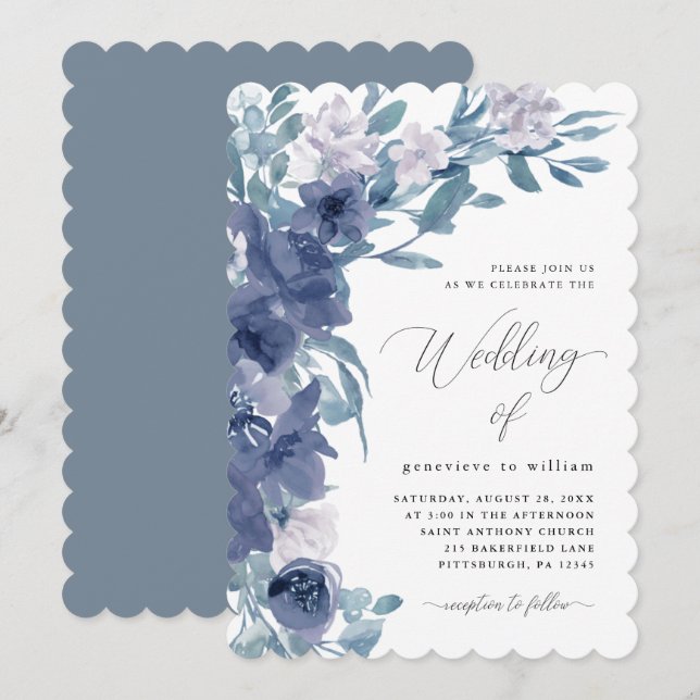 Chic Blue Floral with Calligraphy Wedding Invitation (Front/Back)