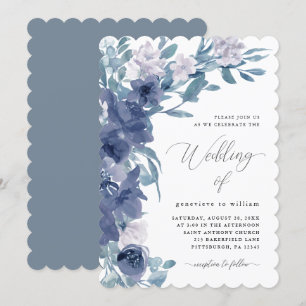 Chic Blue Floral with Calligraphy Wedding Invitation