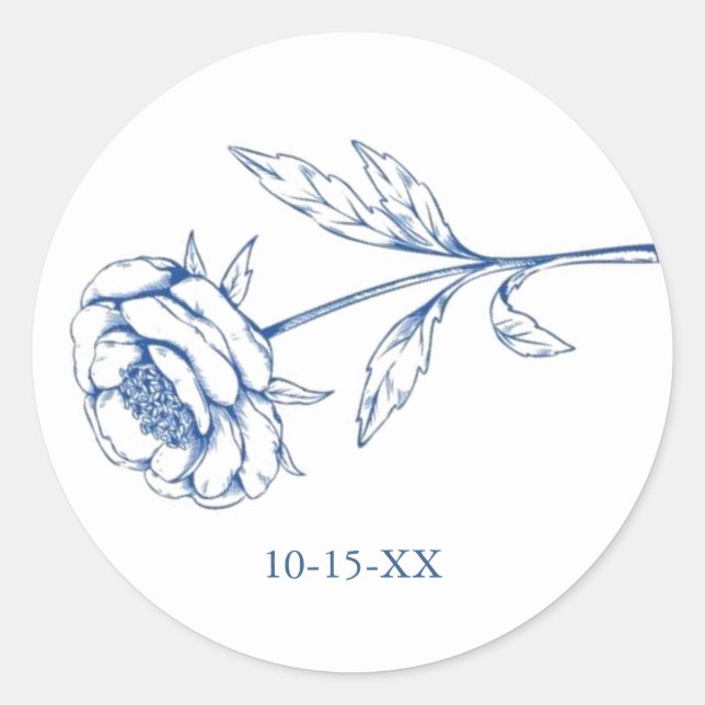 Chic Blue Floral with Wedding Date Classic Round Sticker (Front)