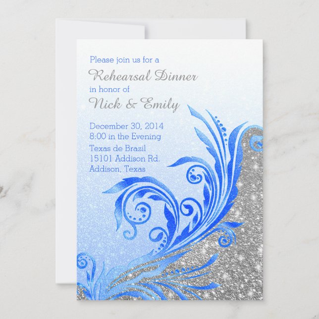 Chic Blue Flourish Wedding Rehearsal Dinner Invitation (Front)