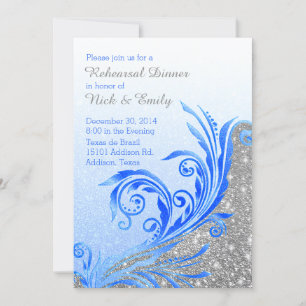 Chic Blue Flourish Wedding Rehearsal Dinner Invitation