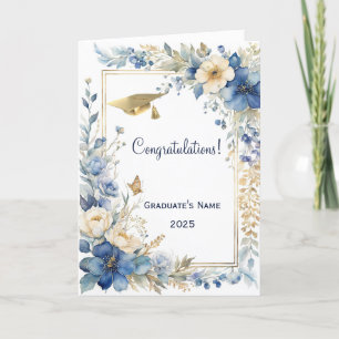 Chic Blue Flower Butterfly Personalised Graduation Card