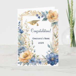 Chic Blue Flower Golden Personalised Graduation Card