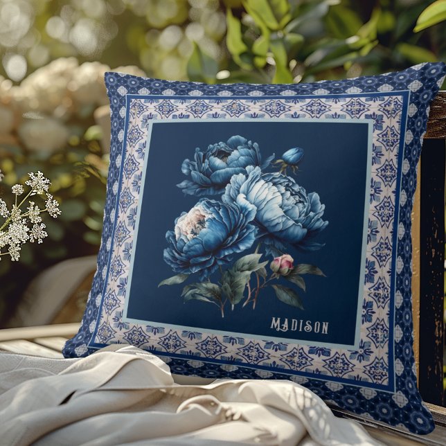 Chic Blue flowers chinoiserie toile monogram Cushion (Creator Uploaded)