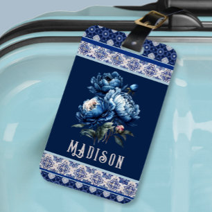 Chic Blue flowers chinoiserie toile monogram Luggage Tag