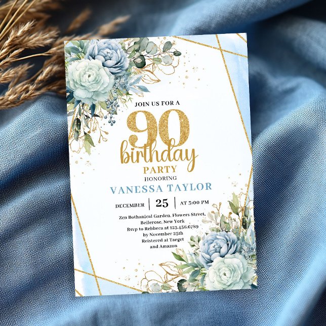 Chic Blue Flowers Gold 90th Birthday Party Invite (Chic Blue Flowers Gold 90th Birthday Party Invite)