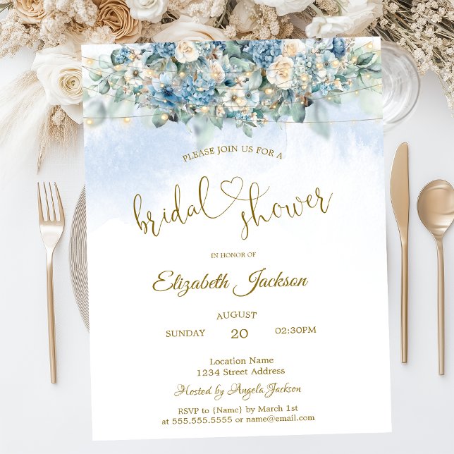 Chic Blue Flowers String Lights Bridal Shower Invitation (Creator Uploaded)