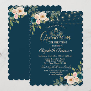 Chic Blue Flowers String Lights Quinceañera Invitation