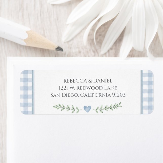 Chic Blue Gingham Heart Baby Shower Return Address (Insitu)