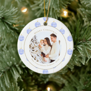 Chic Blue Gingham Plaid Family Christmas Photo Ceramic Tree Decoration
