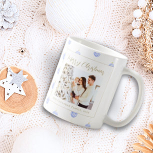 Chic Blue Gingham Plaid Family Christmas Photo Coffee Mug