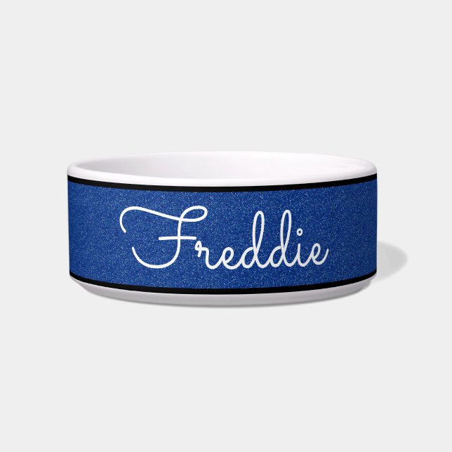 Chic Blue Glitter Customised Cat Bowl (Front)