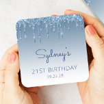 Chic Blue Glitter Drip 21st Birthday Party Square Paper Coaster<br><div class="desc">These chic 21st birthday party paper coasters feature a sparkly blue faux glitter drip border and blue ombre background. Personalise them with the guest of honour's name in blue handwriting script,  with her birthday and date below in sans serif font.</div>