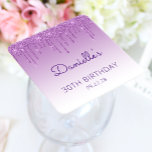 Chic Blue Glitter Drip 30th Birthday Party Square Paper Coaster<br><div class="desc">These chic 30th birthday party paper coasters feature a sparkly purple faux glitter drip border and purple ombre background. Personalise them with the guest of honour's name in purple handwriting script,  with her birthday and date below in sans serif font.</div>