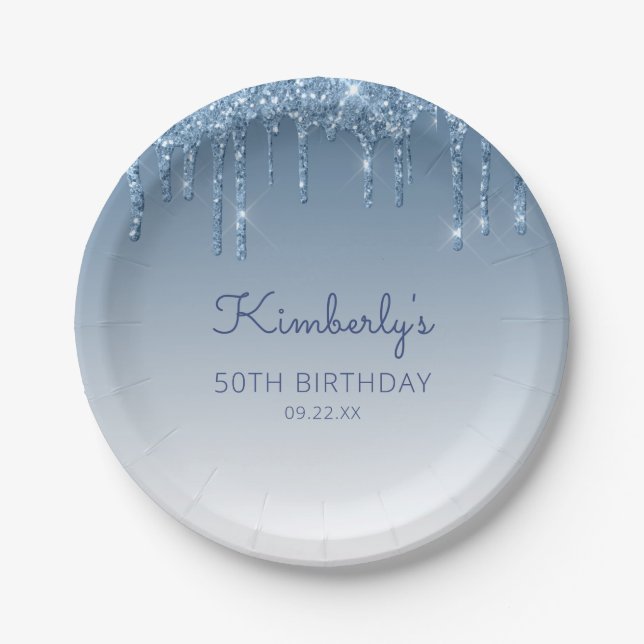 Chic Blue Glitter Drip 50th Birthday Party Paper Plate (Front)