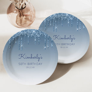 Chic Blue Glitter Drip 50th Birthday Party Paper Plate