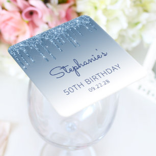 Chic Blue Glitter Drip 50th Birthday Party Square Paper Coaster