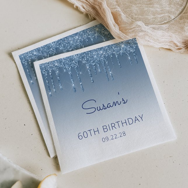 Chic Blue Glitter Drip 60th Birthday Party Napkin (Creator Uploaded)