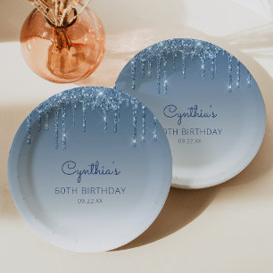Chic Blue Glitter Drip 60th Birthday Party Paper Plate