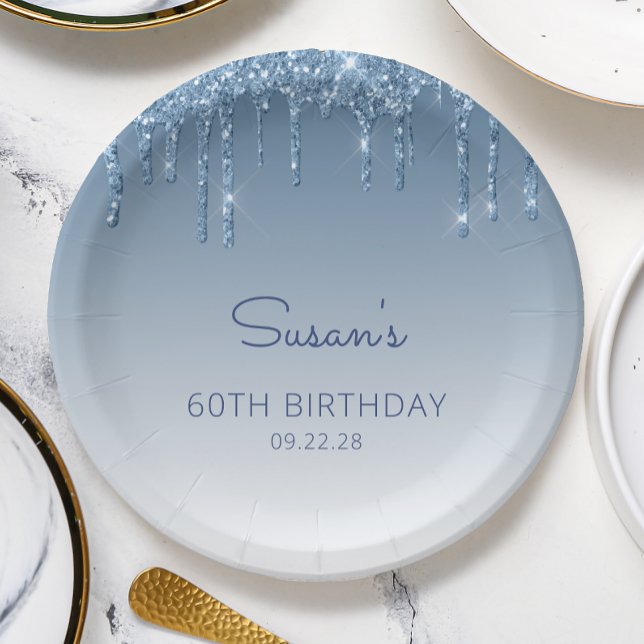 Chic Blue Glitter Drip 60th Birthday Party Paper Plate (Creator Uploaded)