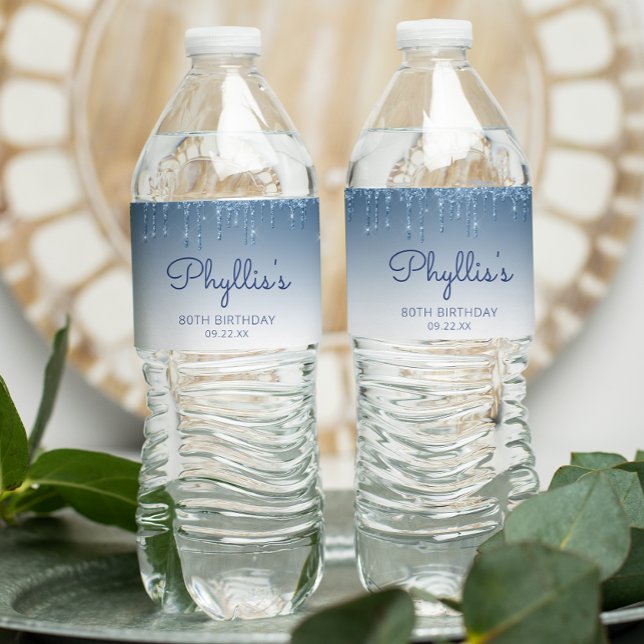 Chic Blue Glitter Drip 80th Birthday Party Water Bottle Label (Creator Uploaded)