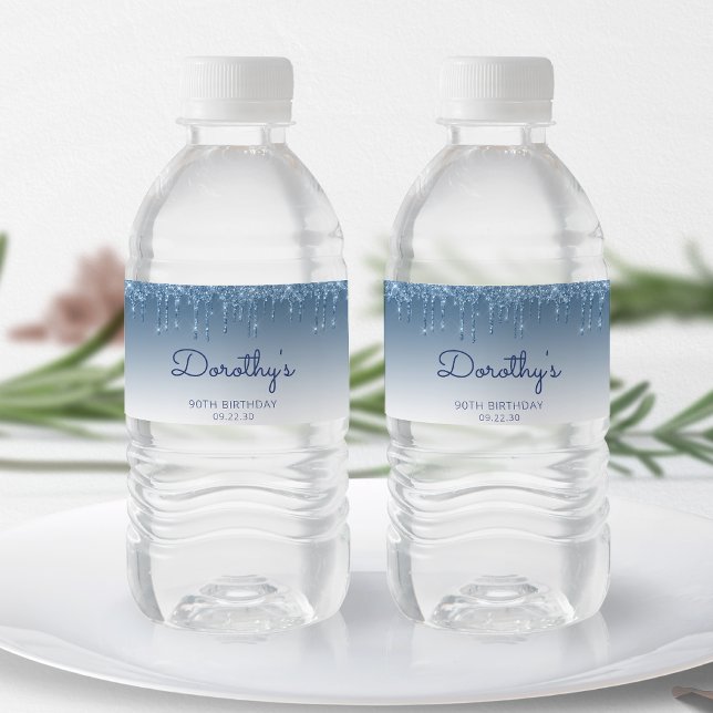 Chic Blue Glitter Drip 90th Birthday Party Water Bottle Label (Creator Uploaded)