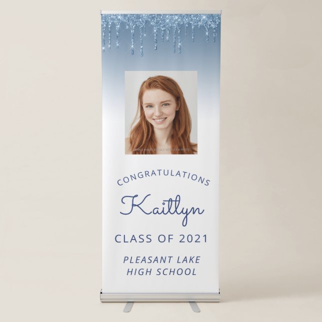 Chic Blue Glitter Drip Photo Graduation Retractable Banner (Front)
