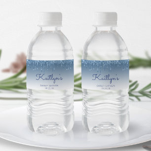 Chic Blue Glitter Drip Sweet 16 Party Water Bottle Label