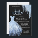 Chic Blue Glitter Drips Blue Dress Black  Invitation<br><div class="desc">Elegant blue dress and blue glitter drips on a black background.</div>