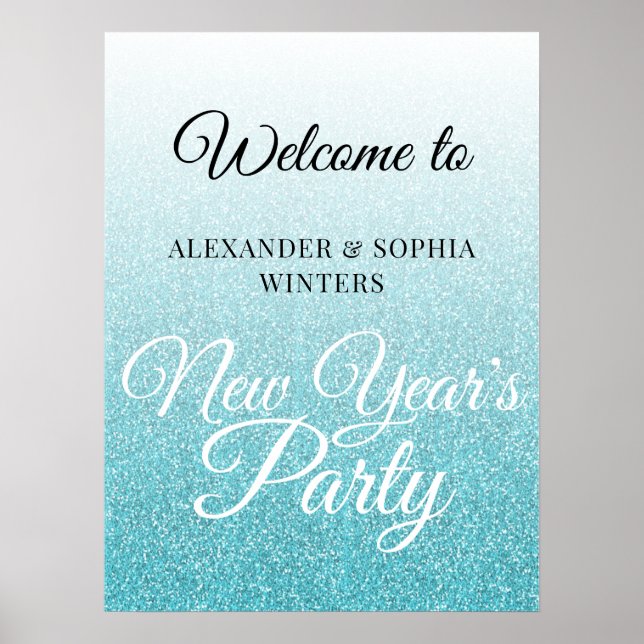Chic Blue Glitter New Years Party Welcome Poster (Front)