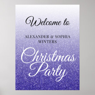 Chic Blue Glitter Ombre Christmas Party Welcome Poster