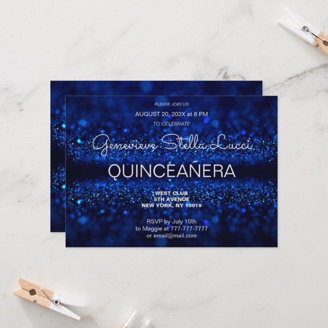 Chic Blue Glitter Quinceañera Party Invitation (Front/Back In Situ)