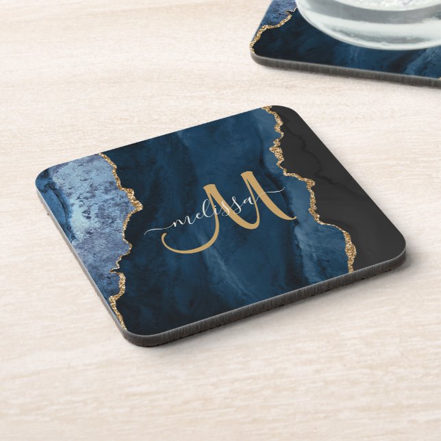 Chic Blue Gold Agate Script Monogram Custom Coaster (Left Side)