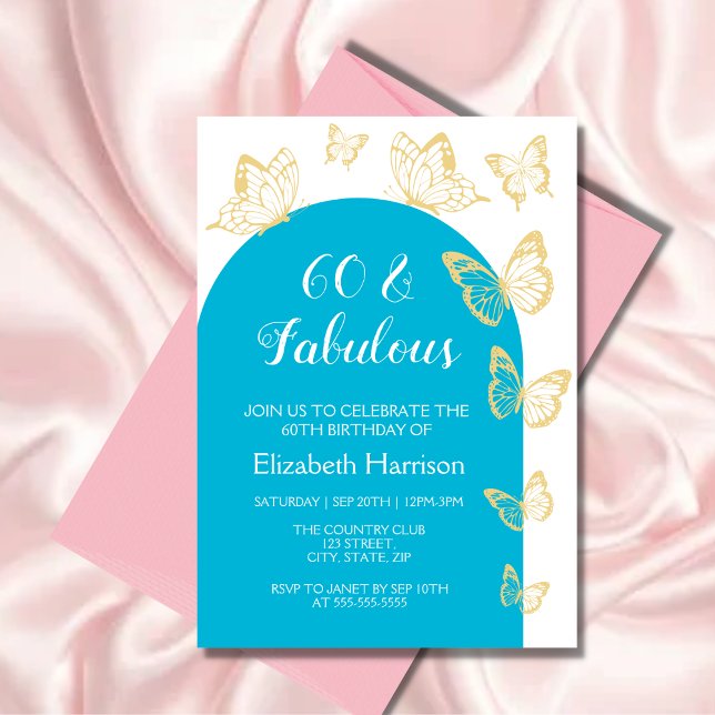 Chic Blue Gold Butterfly Fabulous  Birthday Invitation (Creator Uploaded)
