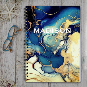 Chic blue gold faux glitter marbling monogram notebook