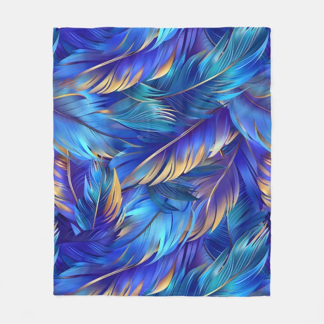 Chic blue gold feathers pattern fleece blanket (Front)
