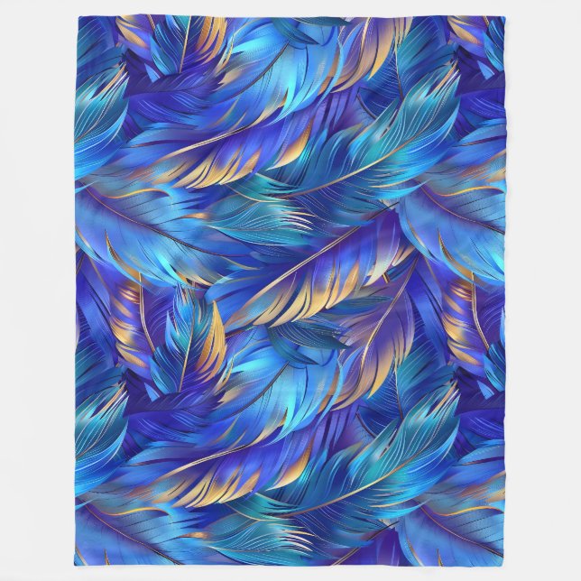 Chic blue gold feathers pattern fleece blanket (Front)