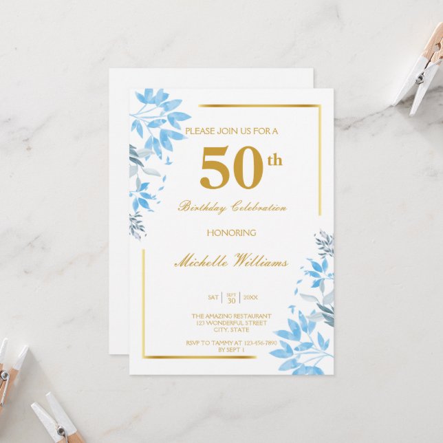 Chic Blue & Gold Floral 50th Birthday Invitation (Front/Back In Situ)