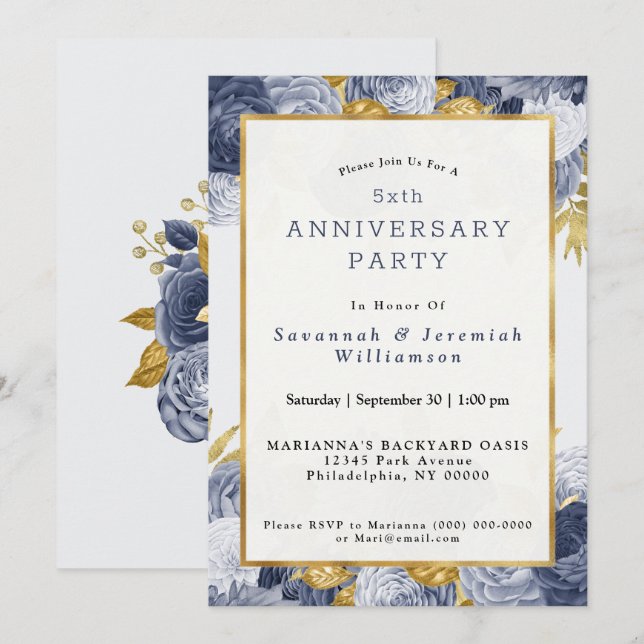 Chic Blue Gold Floral Customisable Anniversary Invitation (Front/Back)