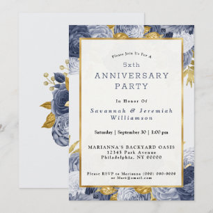 Chic Blue Gold Floral Customisable Anniversary Invitation