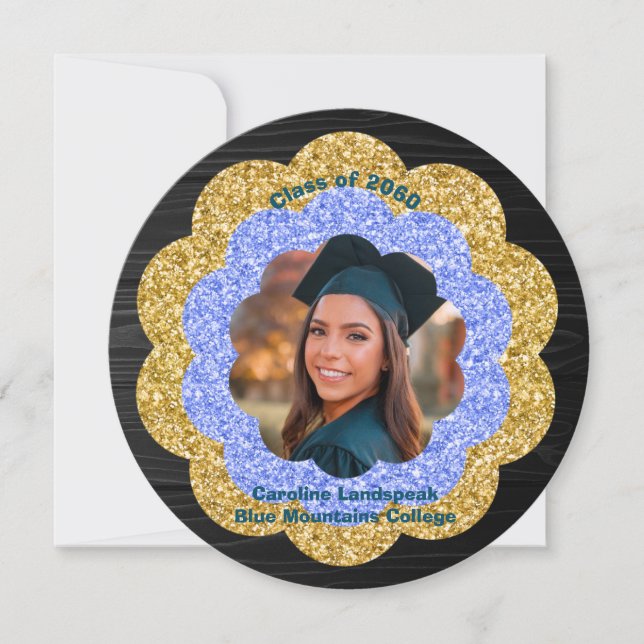 Chic Blue Gold Floral Photo Graduation Party Invitation (Front)