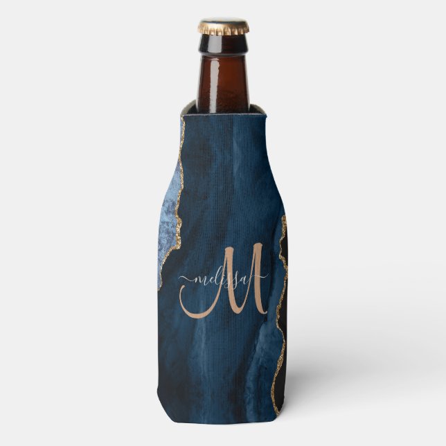 Chic Blue Gold Glitter Agate Custom Monogram Bottle Cooler (Bottle Front)