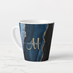 Chic Blue Gold Glitter Agate Custom Monogram Latte Mug