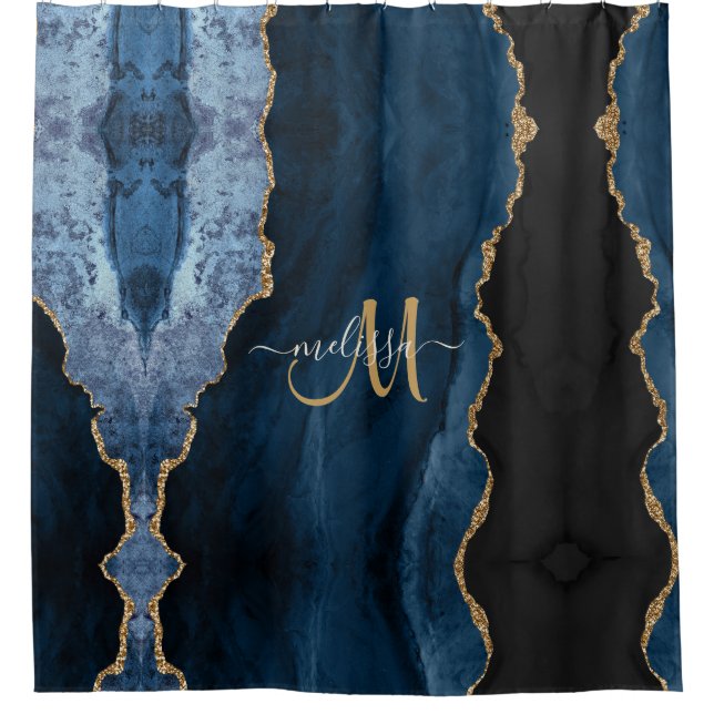 Chic Blue Gold Glitter Agate Custom Monogram Shower Curtain (Front)