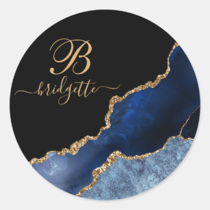 Chic Blue Gold Glitter Agate Geode Monogram Black Classic Round Sticker