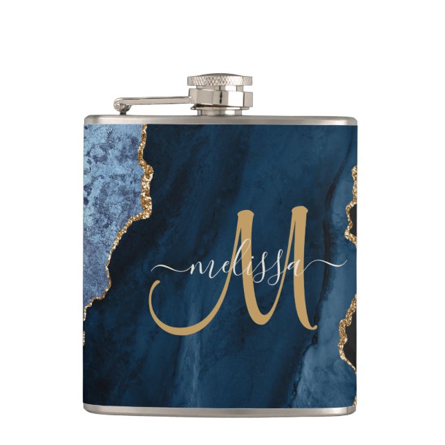 Chic Blue Gold Glitter Agate Monogram Name Hip Flask (Front)